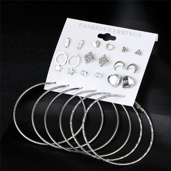 🌸12 Pair Silver Plated Geometric Crystal Stud Earring Set Mix for Women, F272 - Picture 4 of 4